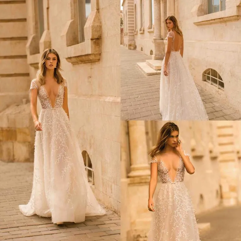2020 Berta Wedding Dresses Deep V Neck Lace Appliqued A Line Sexy Backless Cap Sleeve Beach Wedding Gowns Sweep Train Boho Bridal Dress