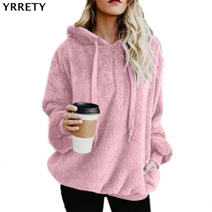 YRRETY Yeni Yıl Bahar Faux Kürk Ayı Ceket Ceket Kadın Moda Açık Fermuar Dikiş Kapüşonlu Ceket Kadın Uzun Kollu Ceket S-5XL