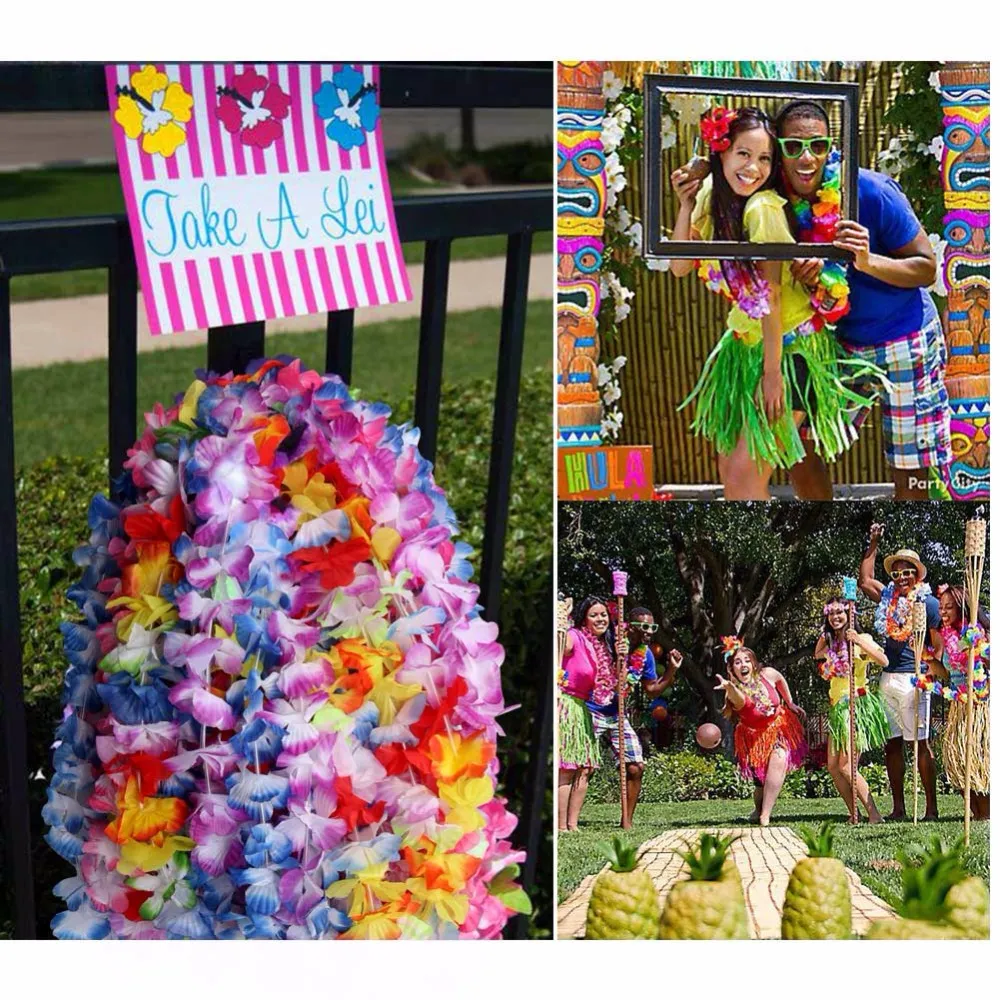 OurWarm Hawaiian Party Decorations hawaii lei Silk Garland Necklace Artificial Flowers Decoration Luau Party Decorations2044294