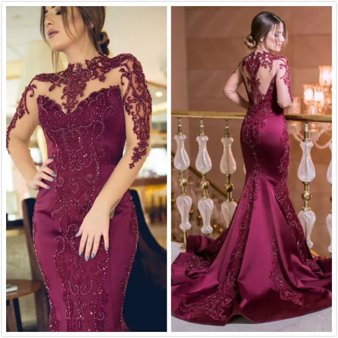 Aso Ebi Arabic Bury Luxurious Sexy Evening Mermaid Lace Pärlade Prom Dresses High Neck Formal Party Second Reception GOWNS 0424