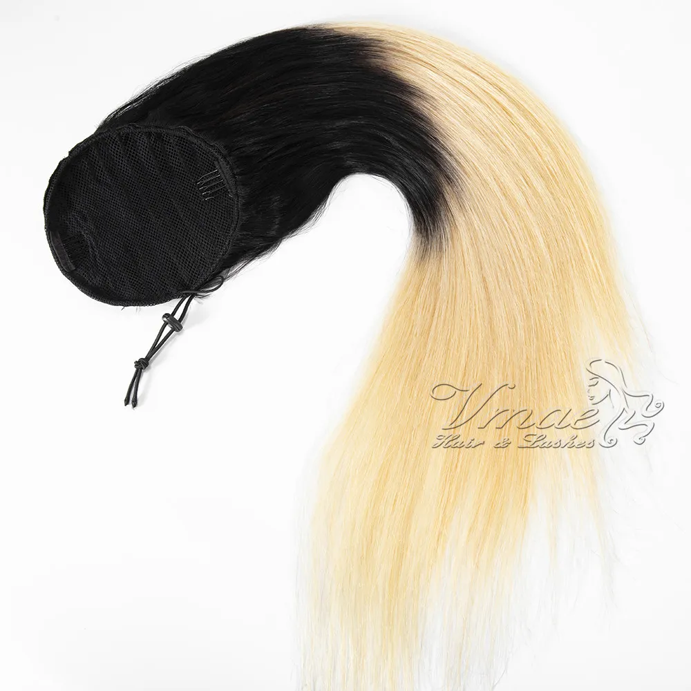 VMAE Gerade Clip-in-Peruaner-Pferdeschwanz mit Kordelzug, Blond 1B 613 2, 100–160 g, Ton Ombre, elastisches Band, reines Echthaar