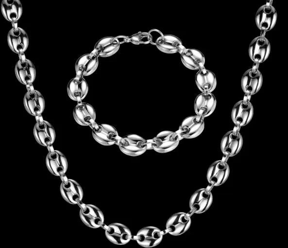 Enorme 11mm breed 60 cm + 22 cm zware heren cool roestvrij staal glanzend zilver koffiebonen link ketting ketting + armband sieraden set