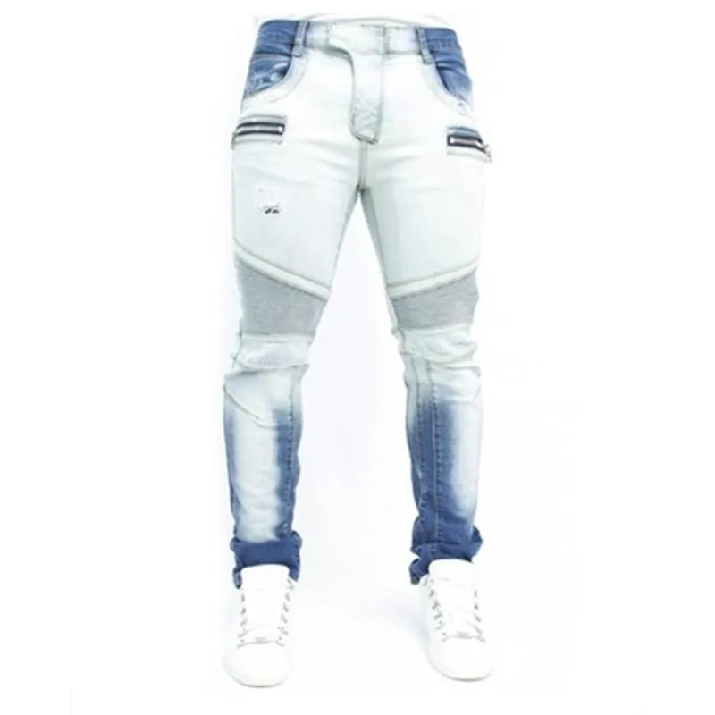 Szczupła Elastyczność Męskie Dżinsy Discooloration Skinny Zipper Hot Double Color Folds Spodnie Mężczyzna Moda Biker Hip Hop Nastolatek Deskorolki Dżinsy