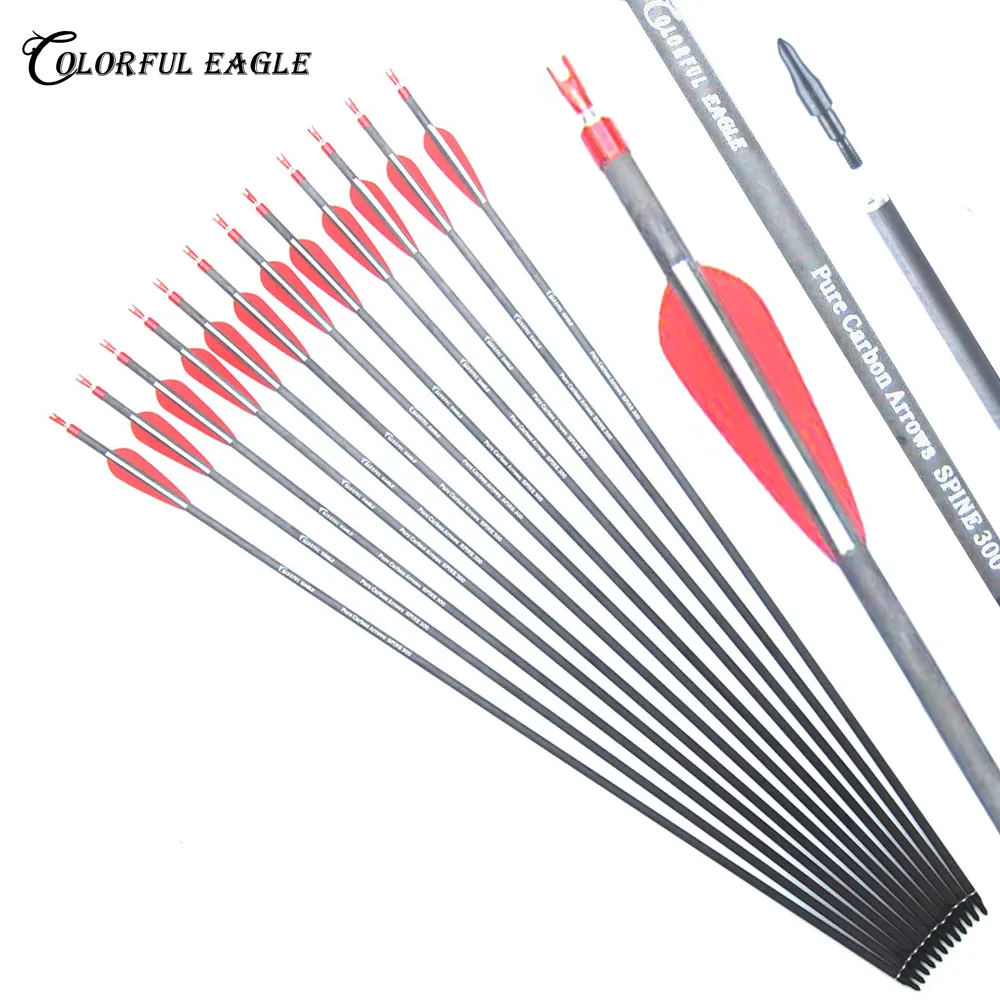 Archery Pure Carbon Arrows spine 300 400 ID 6.2mm With Changeable Arrowhead nock Can be Turned for Recurve or Compound Bow Arrow Hunting