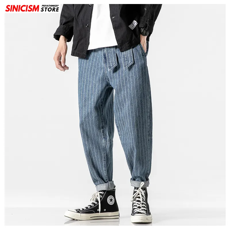 Sinicism Men's 2019 Streetwear Loose Denim Pants Men Autumn Winter Striped Oversize Harem Pants Male Fashion Pockets Jeans