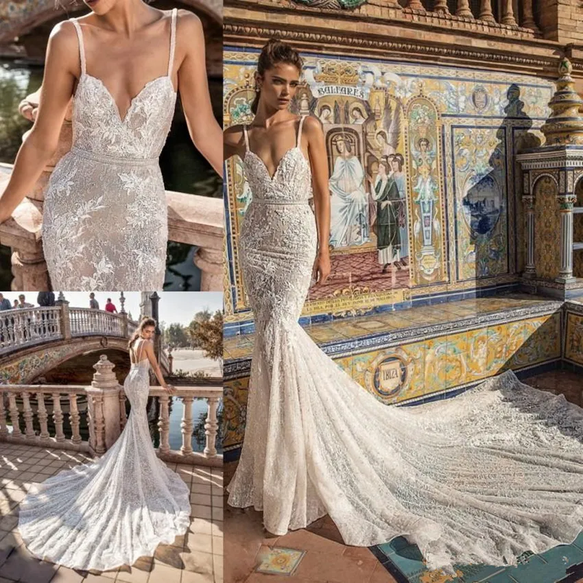 Berta Robes De Mariée Sirène Spaghetti Dentelle Applique Balayage Train Dos Nu Plage Robes De Mariée Strass Ceinture Boho Robe De Mariée 4421