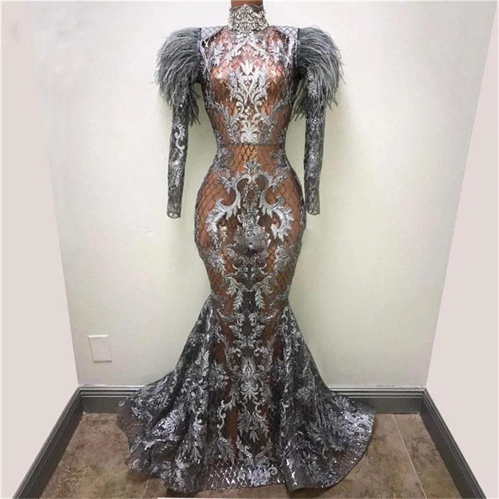 See Through Lace Prom Dresses Sexy High Neck Feathers Long Sleeves Mermaid Evening Dress Illusion Party Gowns vestido de festa