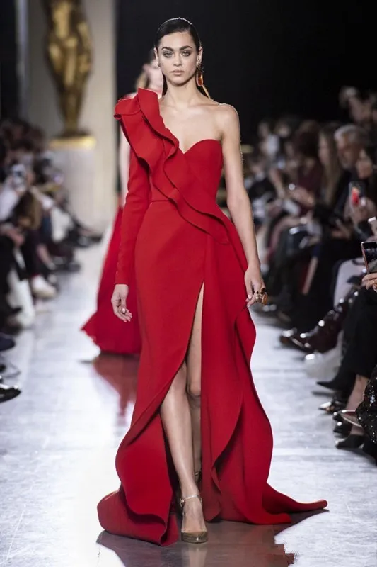2019 Runway Elie Saab Evening Dresses With Ruffles One Long Sleeve