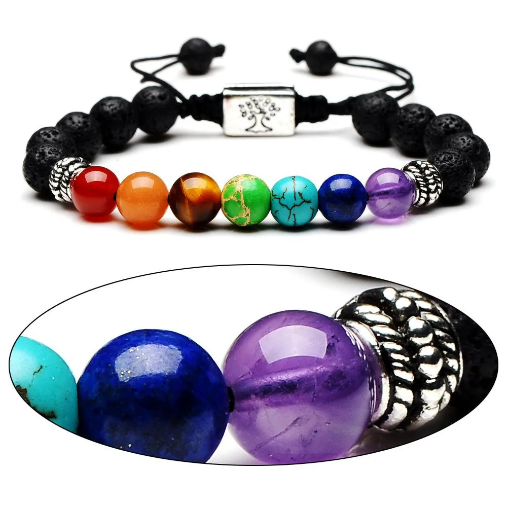 Bracelet Chakras En Perles De Lave Pour Diffuseur D'huiles Essentielles - Taille élastique 18 Cm