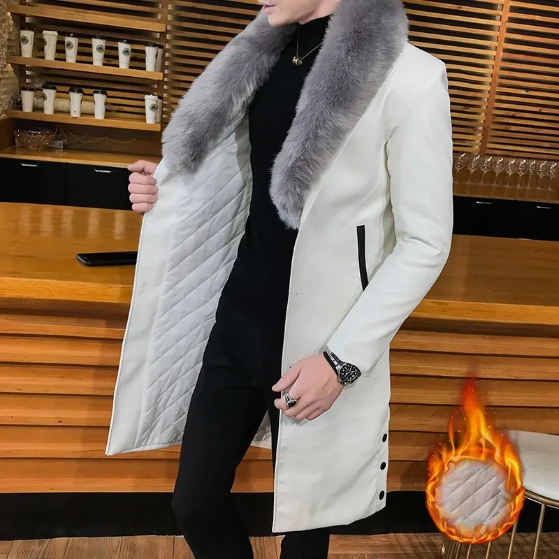 Mode Long Fur Coat Leather Jackets Mens Läder Trench Coats med Big Fur Collar Collar Avtagbar Gabardina Hombre1