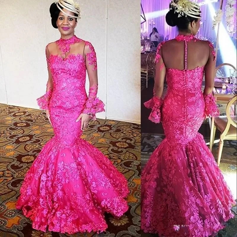 Aso Ebi Fuchsia Nigerianischen Stil Spitze Plus Size Langarm Meerjungfrau Ballkleider 2019 Abendkleider Kleider für die Brautmutter Robes de Demoisell