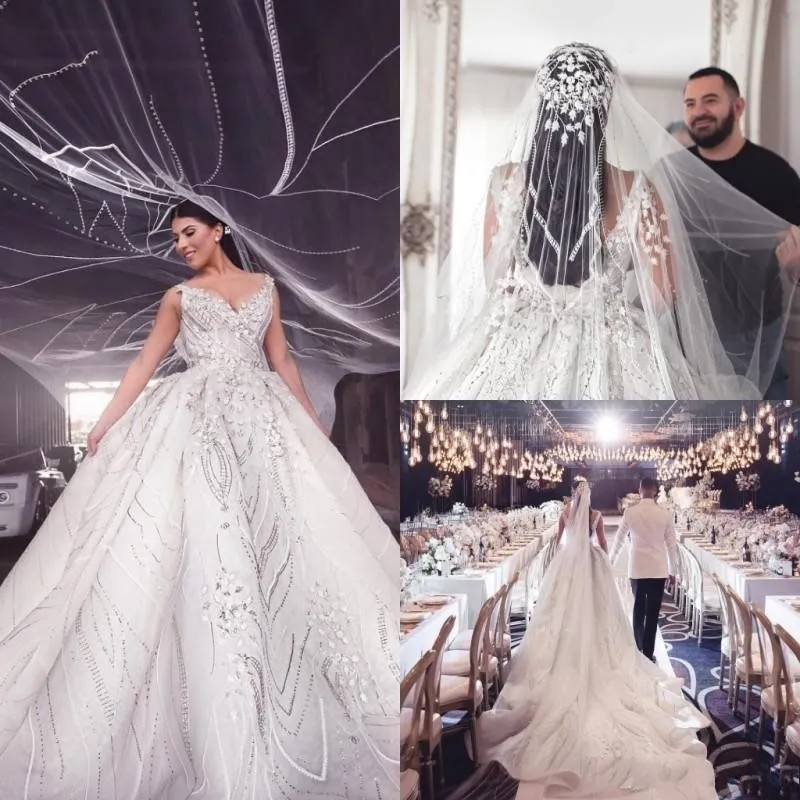 Luxe dentelle robe de bal robes de mariée col en V 2020 Dubaï arabe cathédrale robe de mariée balayage train dos nu cristal robe de mariée, plus la taille