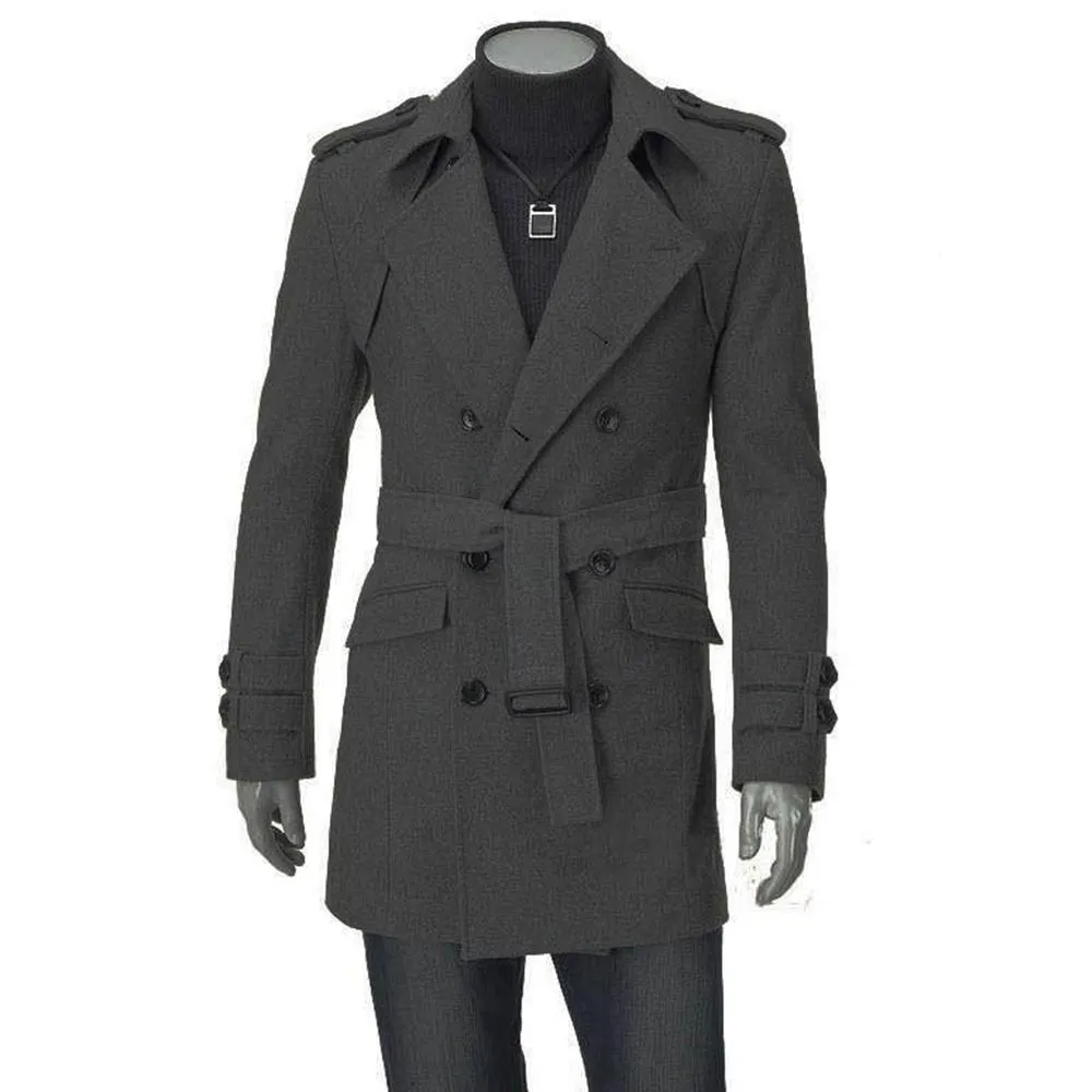 Autumn Winter Mens Long Pea Coat Men's Wool Coat Turn Down Collar Double Breasted Men Trench Coat M-XXXL293p