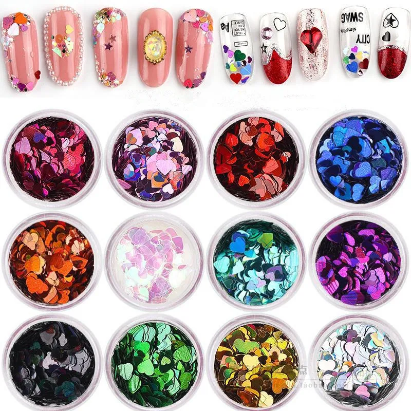 Kolorowe Glitter Paznokci Art Dekoracje 12 Kolory / Zestaw Peach Serce Kształtujący Cekiny Nails Naklejki Rhinestone Manicure DIY Narzędzia