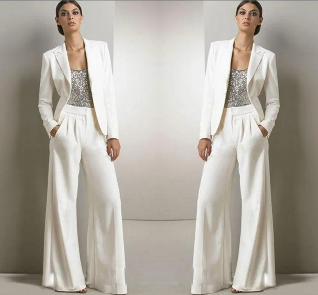 New Bling Sequins Ivory White Pants Suits Mother Of The Bride Dresses Formal Chiffon Tuxedos Women Party Wear Fashion Modest