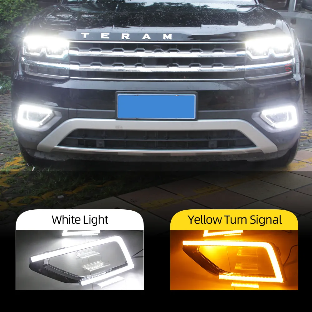 2PCS LED DRL Daytime Running Light Daylights For Volkswagen VW Teramont 2017 2018 With Yellow Turn Signal Fog Lamp Cover