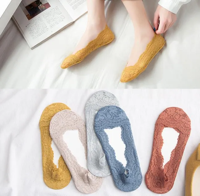 Women's Lace Cotton Super Low Invisible Non-skid Boat Socks Thin No Show Sock Slippers Non Slip Flat Boat Line