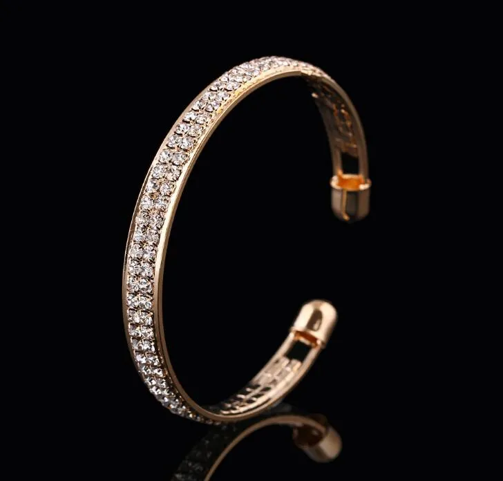 2 Row Open Charm Bangle Bracelets for Women with Crystal Rhinestone CZ Zircon Cuff Gold Silver Bracelet Wedding Party Jewelry