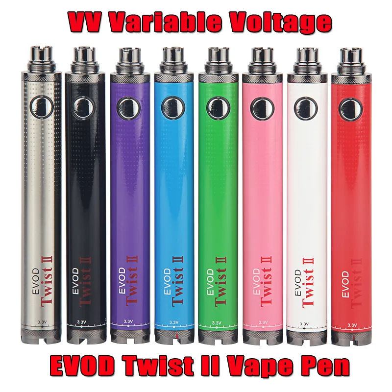 EVOD 2 TWIST II Vaporizador VV Bateria recarregável 1600mAh 3.2V-4.8V Caneta Vape Botão de tensão variável ajustável 510 Thread E Cigs