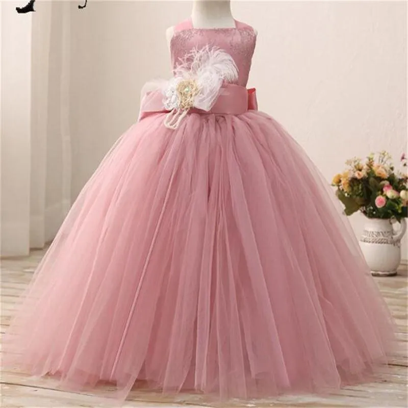 Staubige rosa Blumenmädchenkleider für Hochzeiten, quadratische Schärpe, Tüll, Erstkommunionkleid für Kinder, bodenlang, günstige Kindergeburtstagsparty-Kleider