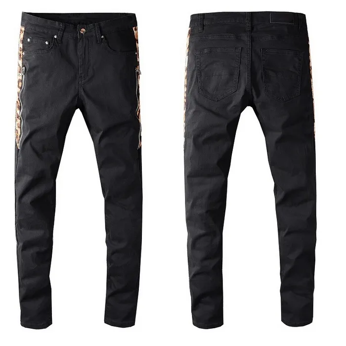 New Italy Style Leopard Patches Pants Rivet Black Blue Skinny Men's Biker  Jeans