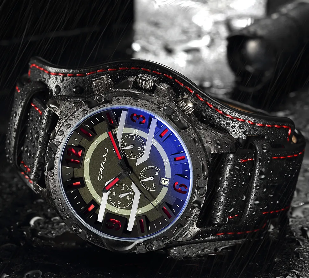 2020 CRRJU الرجال الستة دبوس توقيت الرياضة كوارتز الساعات ذكر أزياء هدية ساعة اليد مع حزام من الجلد العسكرية على مدار الساعة ERKEK saatleri
