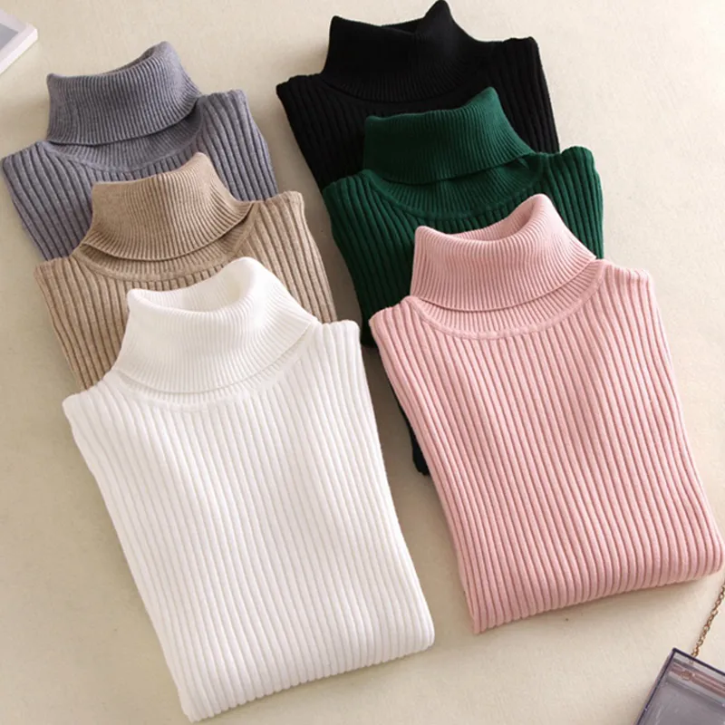 In vendita 2019 primavera donna maglione a collo alto lavorato a maglia maglione casual a collo morbido moda pullover elastici femminili sottili