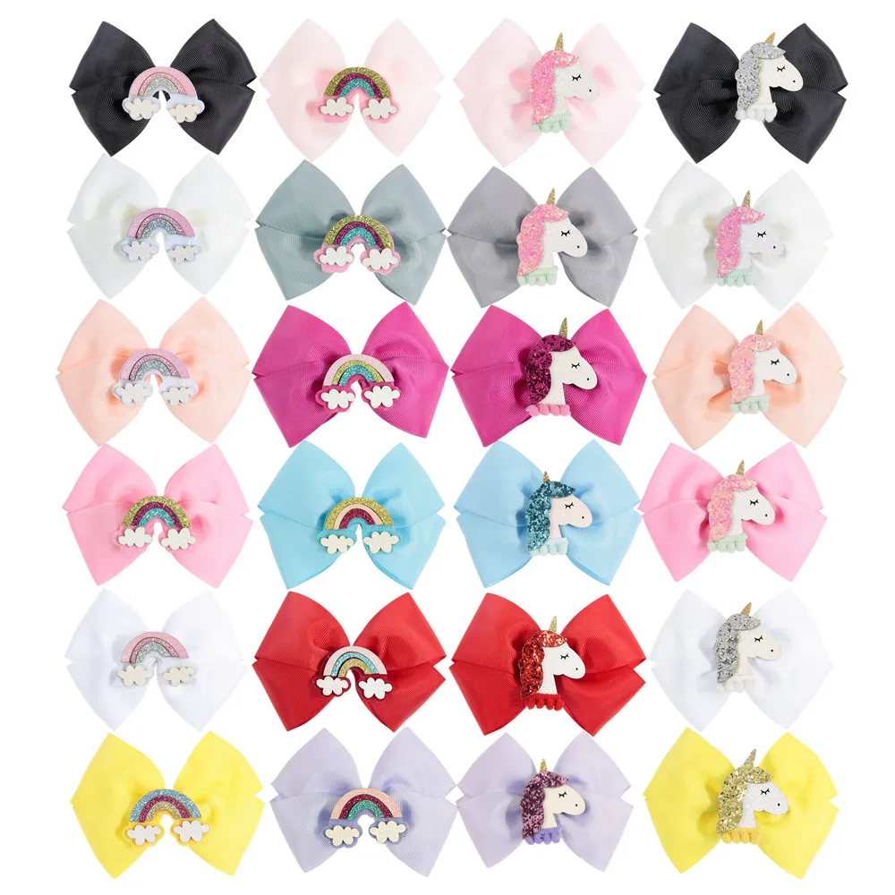 Nieuw Europa Baby Meisjes Barrettes Kleurrijke Regenboog Unicore Barrette Lint Bowknot Kids Haarspelden Kinderen Haar Accessoire 24 Kleuren 14418