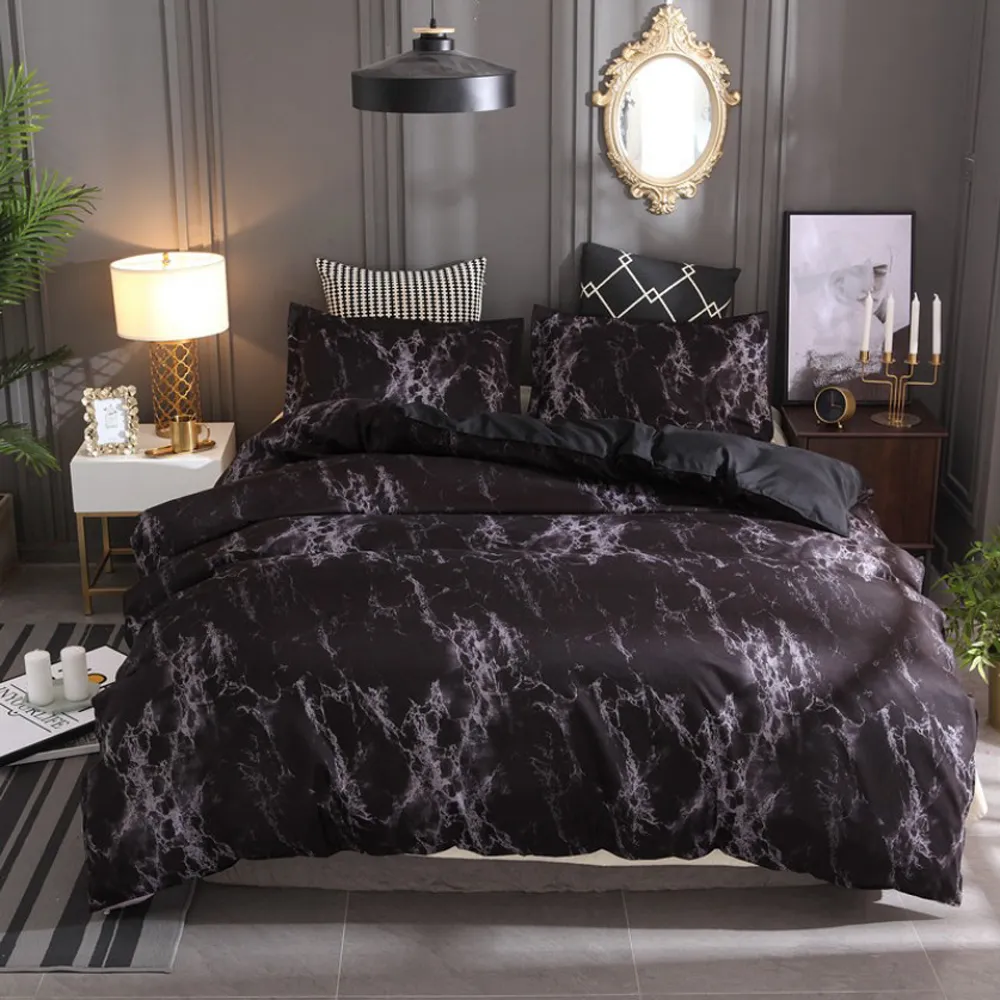 4 pezzi Set biancheria da letto, motivo marmo grigio e bianco, 1