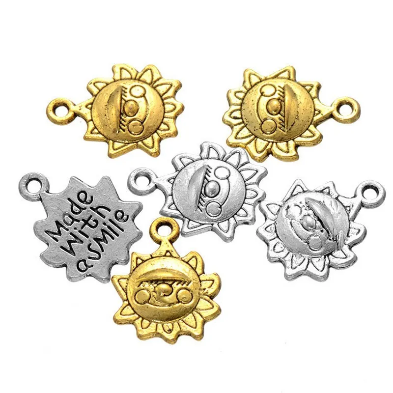 Bulk 500st -legering Sun Face Charms gjord med en leende charm 15*12mm för halsbandsmycken Tillbehörsresultat