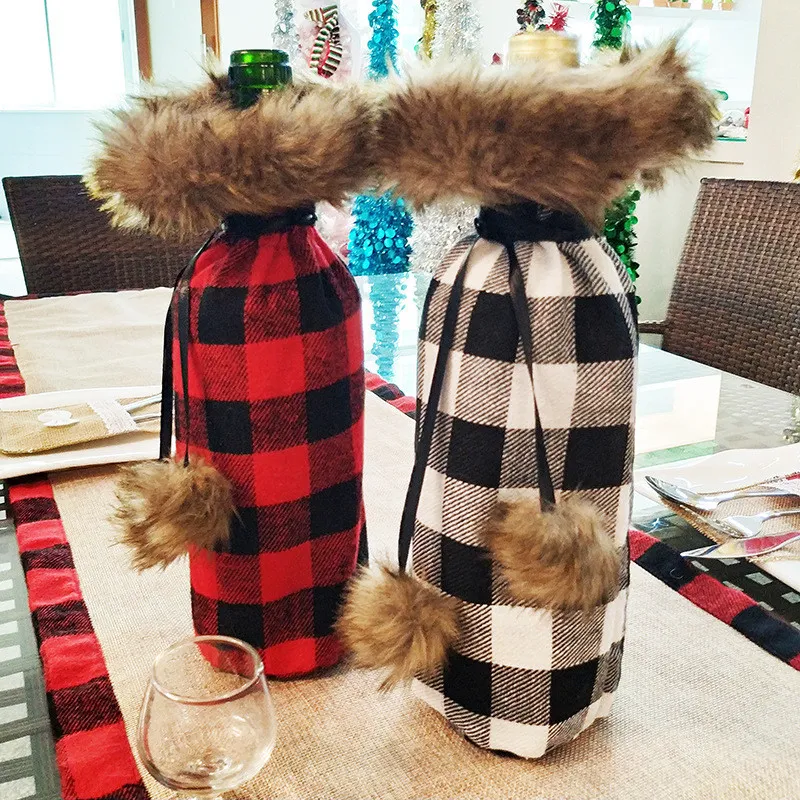 Kerstmis Red Black Plaid Fles Cover Xmas Champagne Fles Cover Rode Zwarte Doek Wijnen Flessen Mouw Kerstversiering