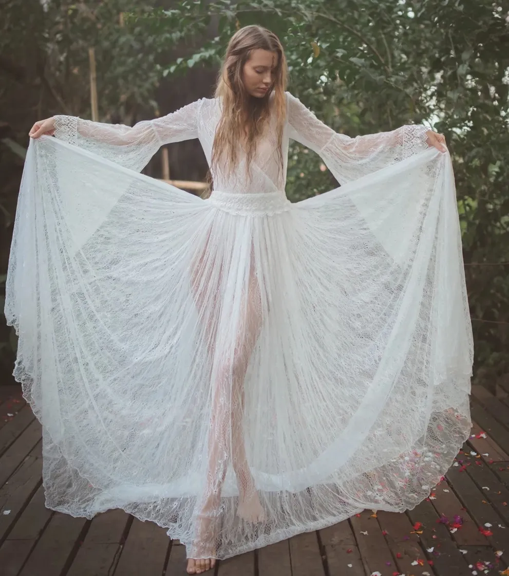 Gongbaolage Illusion Lace Boho Wedding Dresses For Women V Neck Slim Fit Bridal  Gown Bohemian Long Party Dress 2025 From Donnaweddingdress12, $35.28 |  DHgate.Com