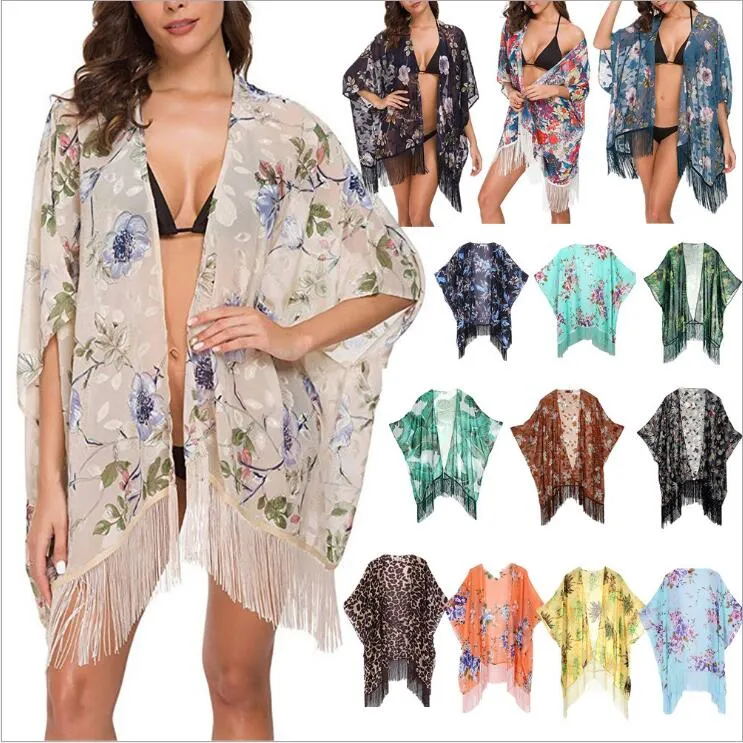 Bikini Cover-Ups Женщины Kimono Cardigan Suntan Beach Smock Chiffon Print Wraps Tassel Sunblock Sunblock Sunblock Beachwear Bearivian Dress Blouse B5526