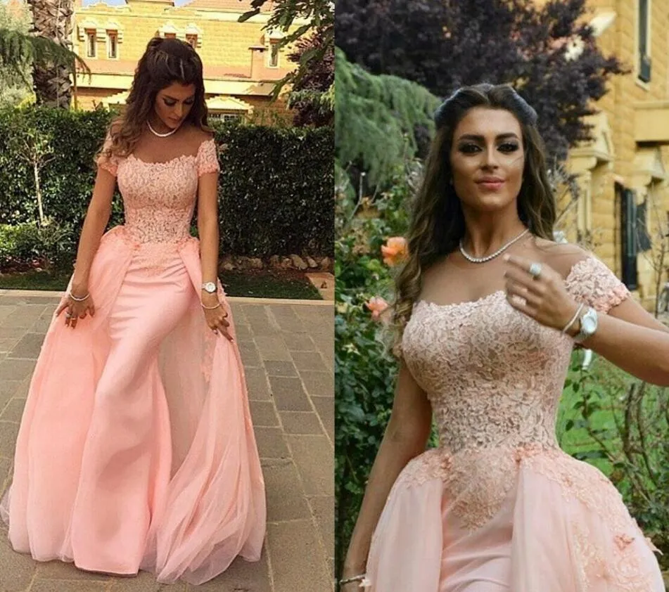 Off the Ramka Pink Tulle Syrenka Koronkowa Suknia Wieczorowa z odpinaną spódnicą Krótkie rękawy Abiiti da Cerimonia Donna Serra Lungo Prom Suknie