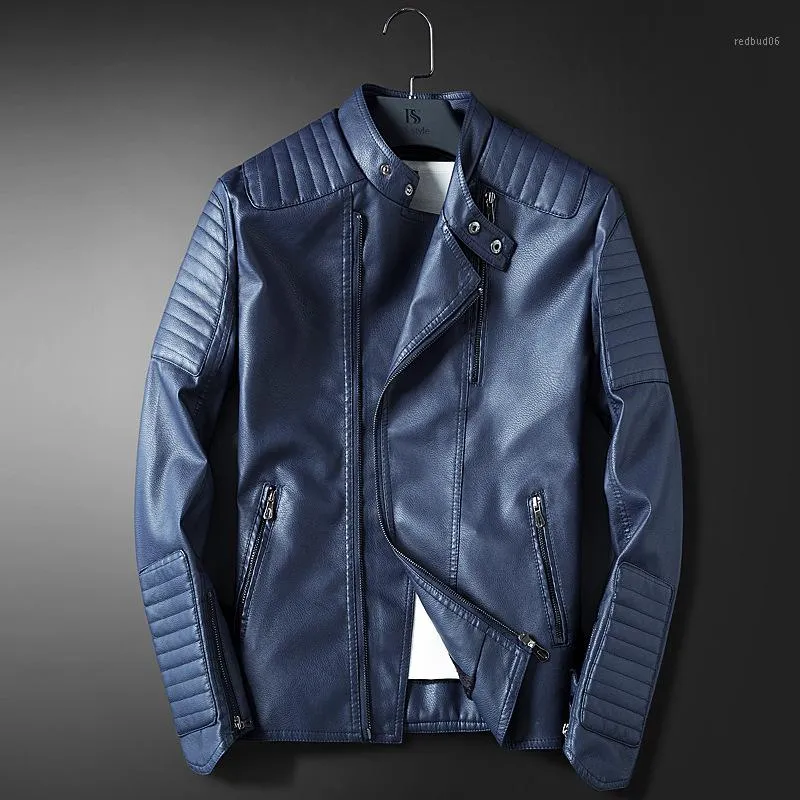 Vente en gros - LEDINGSEN Hommes Bleu Moto Veste En Cuir Hommes Slim Fit Rouge Casual Veste Manteau Automne Hiver Vêtements En Cuir Coupe-Vent1