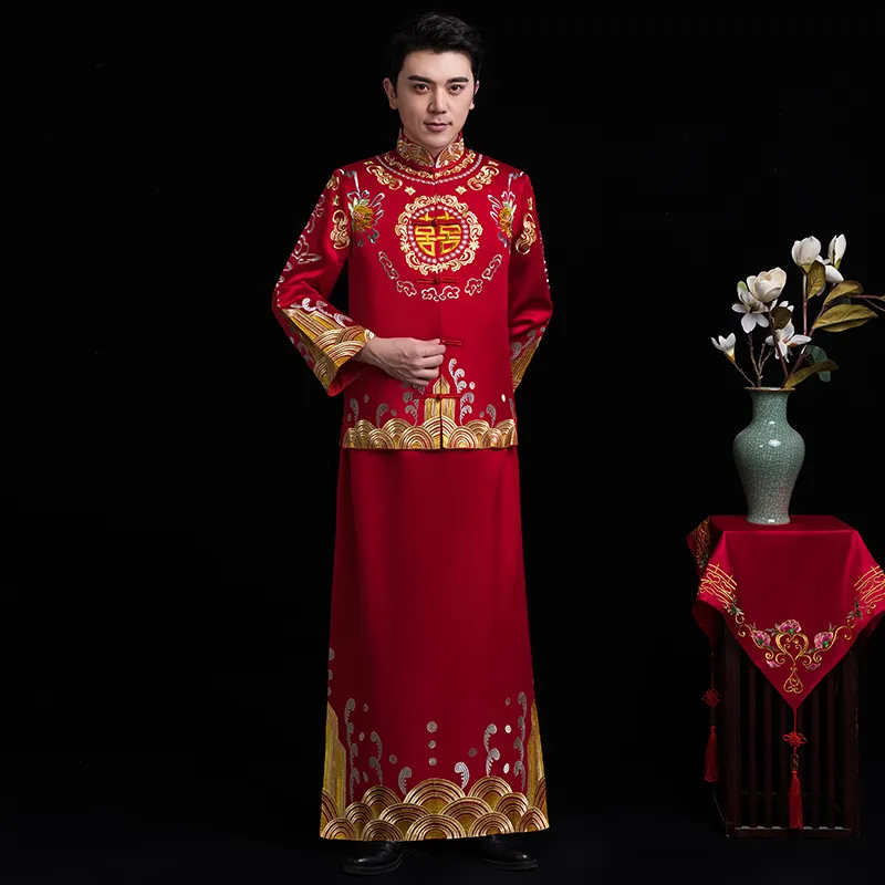 Erkek kırmızı cheongsam Oryantal Erkek tang suit stil kostüm damat elbise vestido geleneksel Çin giyim erkekler için etnik düğün Qi pao