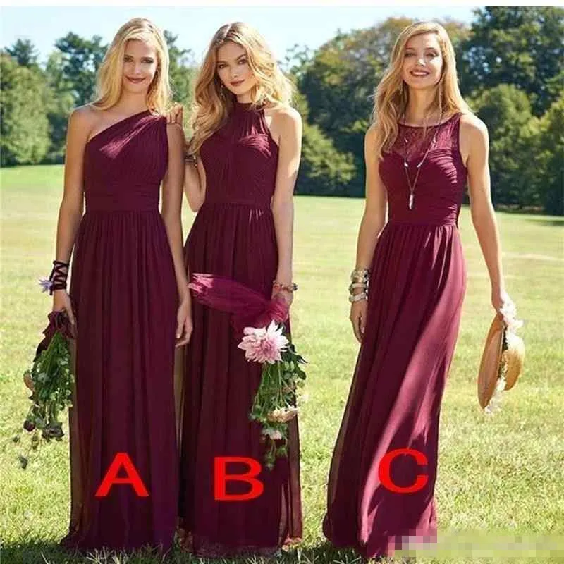 Cheap Bury Chiffon Bridesmaid Dresses Floor Length Ruched One Shoulder Halter Straps Maid of Honor Gown Long Wedding Guest Dress