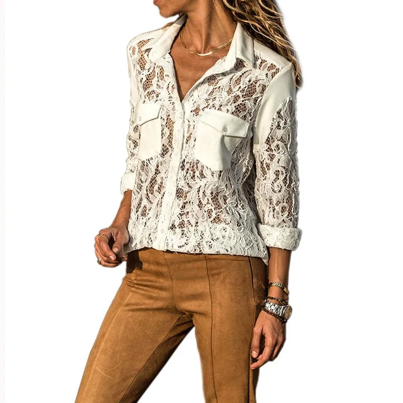Moda WAQIA Sexy Ahueca Hacia Fuera La Blusa De Encaje Blanco