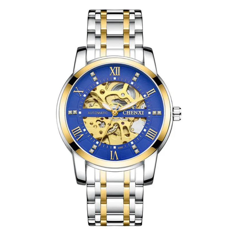 CHENXI Business Mechanische Automatik-Armbanduhr, ausgehöhltes analoges Zifferblatt, leuchtender Zeiger, hochwertige Herrenuhr mit Edelstahlschnalle