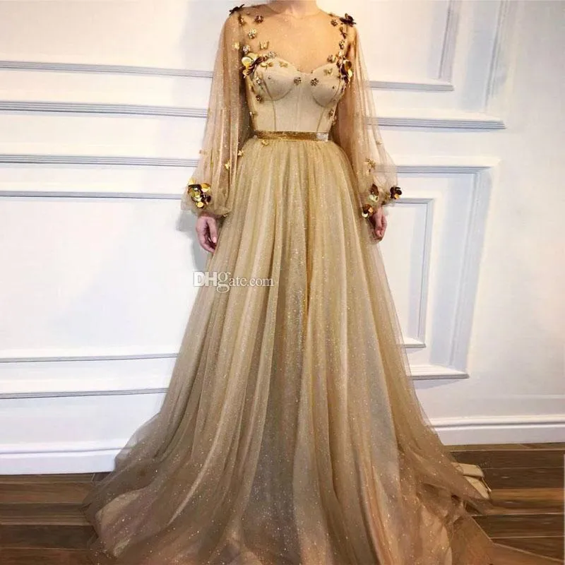Gold Lange Ärmel Gothic Ballkleider 2019 Sheer Neck Blumen Tüll Langarm Formelle Abendkleider Glänzendes Partykleid Robe De Mariee