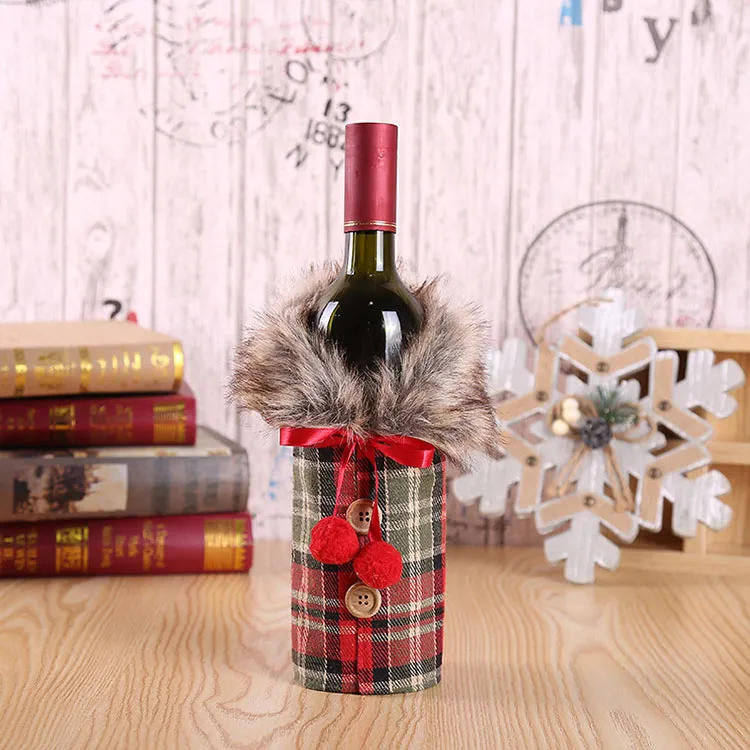 Plaid Tampa Wine With Bow Xmas Garrafa roupa com decoração Wine Bottle Fluff Capa para festa de Natal Festival DHL HH9-2481