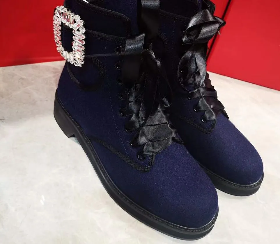 Heta försäljning- Kvinnor Navy Blue Tweed Combat Ankle Booties Clear Crystal Rhinestones spännband spetsar med zip-cyklist militära stövlar