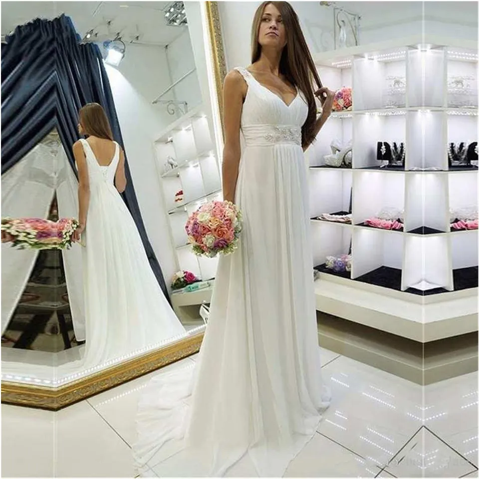2020 Elegant Straps V Neck Chiffon Beach Wedding Dress Bridal Gown robe mariee Vestidos De Noiva robe de mariée