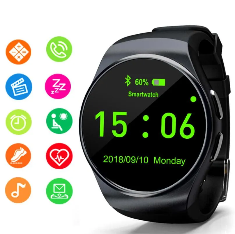 KW18 Smart Watch Plug SIM-kaart Call Round Dial Bluetooth Draag Hartslag Bloeddruk Monitoring Sport Gift Armband
