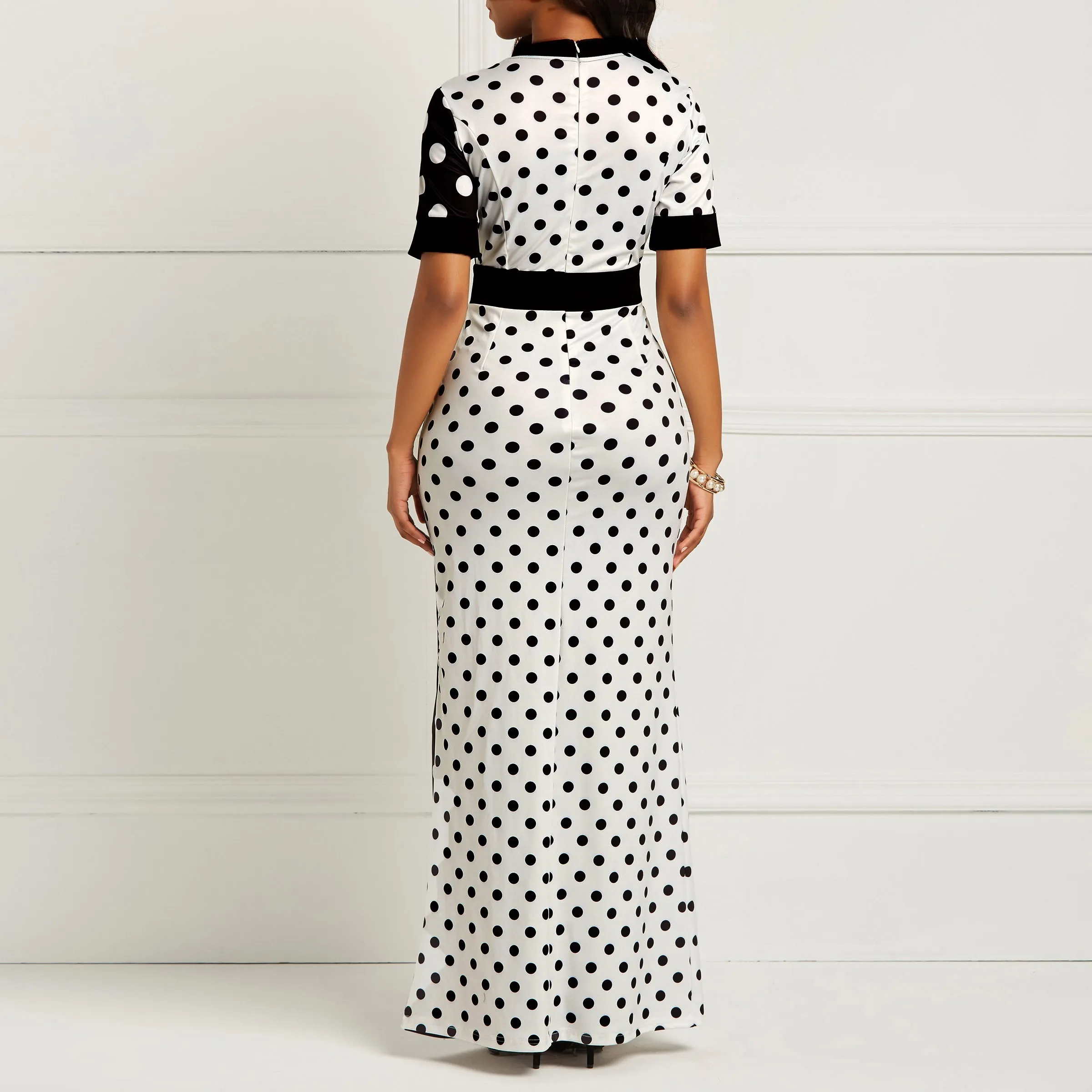 Fashion-African Dress Vintage Polka Dot White Black Printed Retro Bodycon Women Summer Short Sleeve Plus Size Long Maxi Dress Y19021409