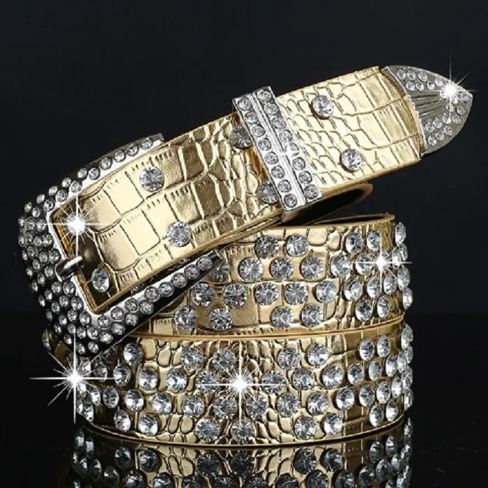 Nouveau créateur de mode de luxe diamant zircon ceinture en cuir doré pour femmes femmes filles 110cm 3.6 ft