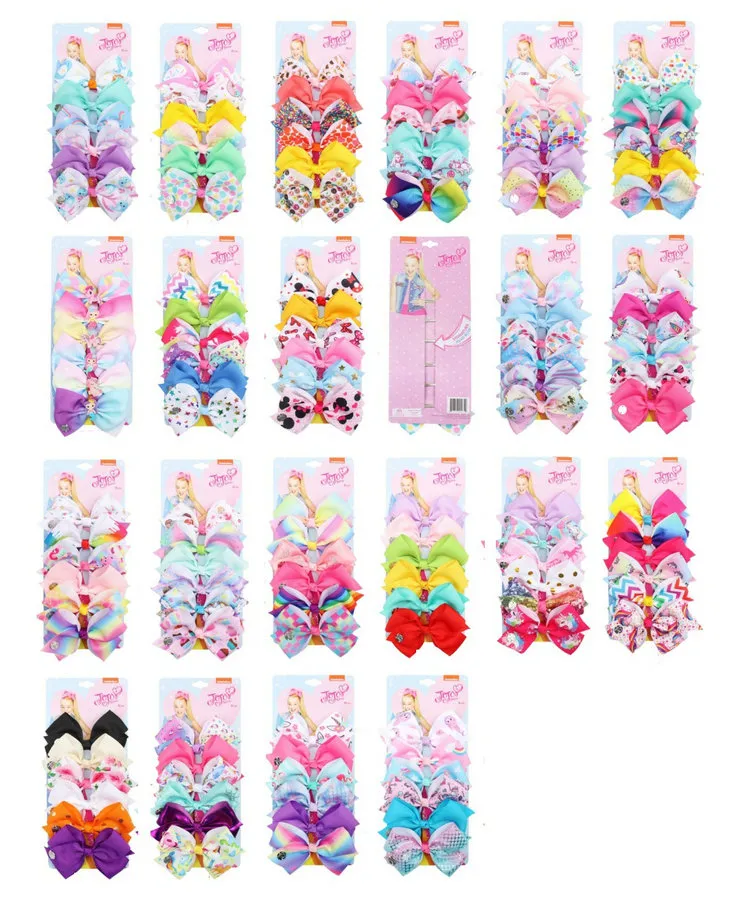 126 Kleur 5 "Haar Bow Girl Kleurrijke Print Barrettes Cool Baby Accessoires Unicorn Jojo Siwa Bows 6 Stks / Kaart Verpakking