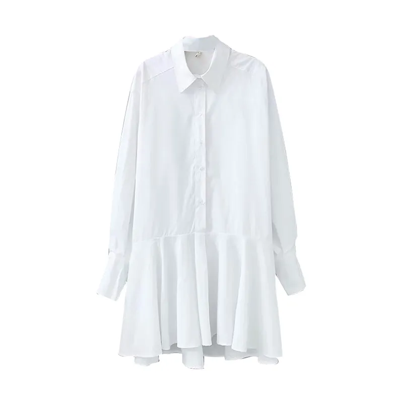 Mini vestido de camisa blanca para mujer, vestido plisado de manga larga con cuello vuelto y manga larga para mujer, Vestidos holgados informales de algodón