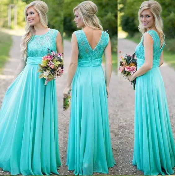 Teal Long Chiffon Bridesmaid Dress with Glitter Lace Bodice Country Wedding Party Guest Dresses Custom Made