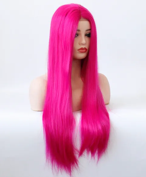 Middle Part Wig Hand Tied Rose Red Color Straight Heat Resistant Hair Cosplay Drag Queen Glueless Synthetic Lace Front Wigs (10)